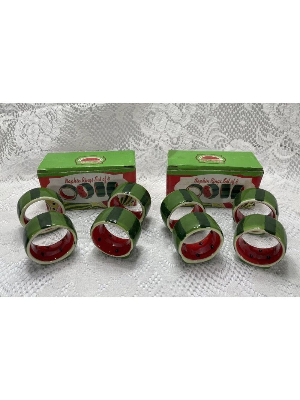 Watermelon Ceramic Napkin Rings Set Of 8 Green Red Fruit Summer Table Decor